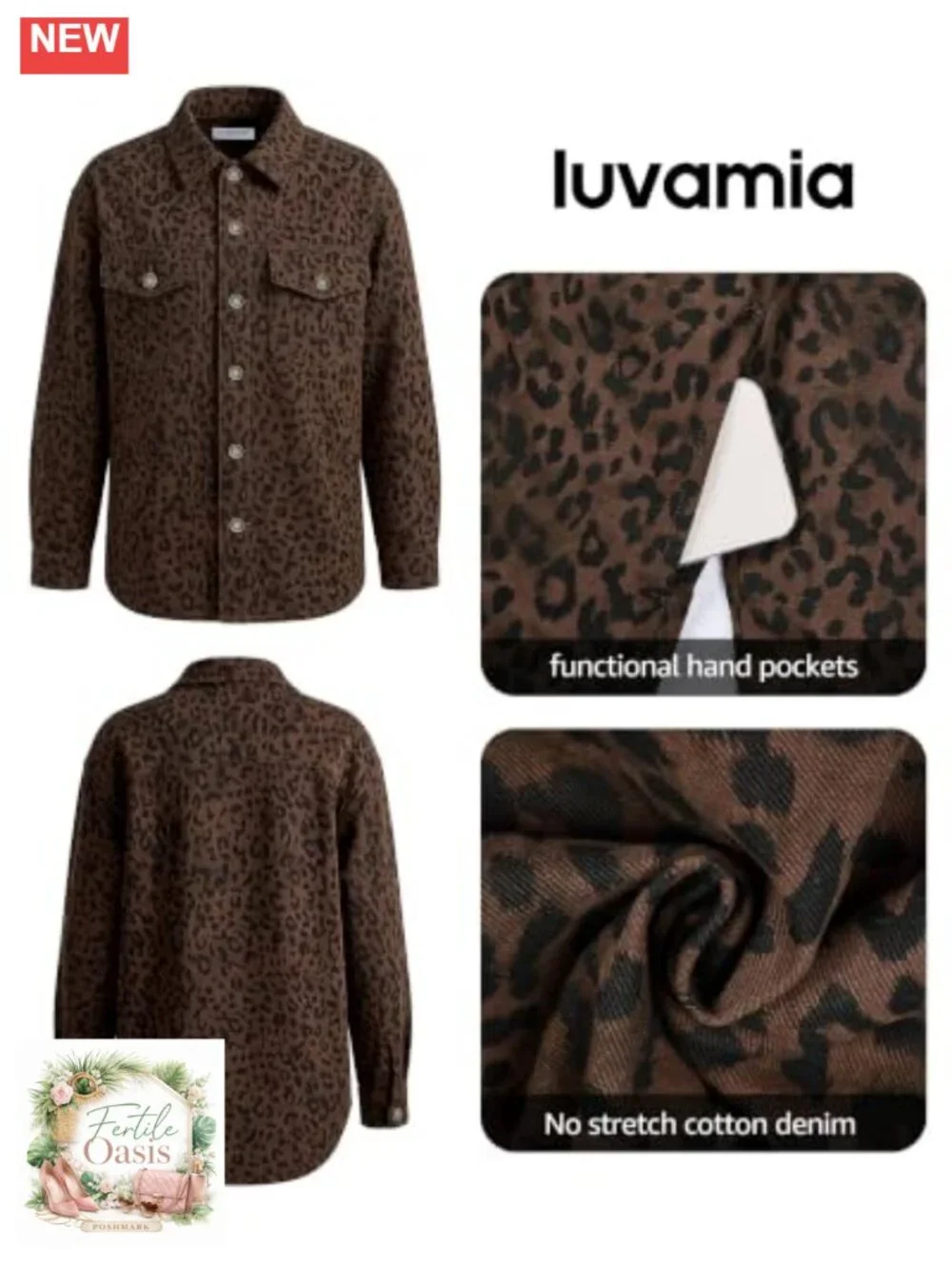 Oversized Leopard Print Denim Jacket Women Button Down Long Sleeve Shacket